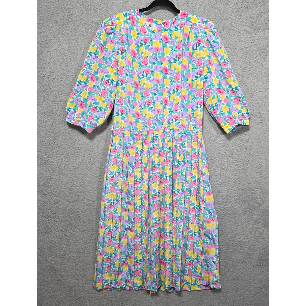 Vintage‎ M.C.S. ltd. Midi Dress Size 14 Spring Floral Elastic Waist 80s 90s